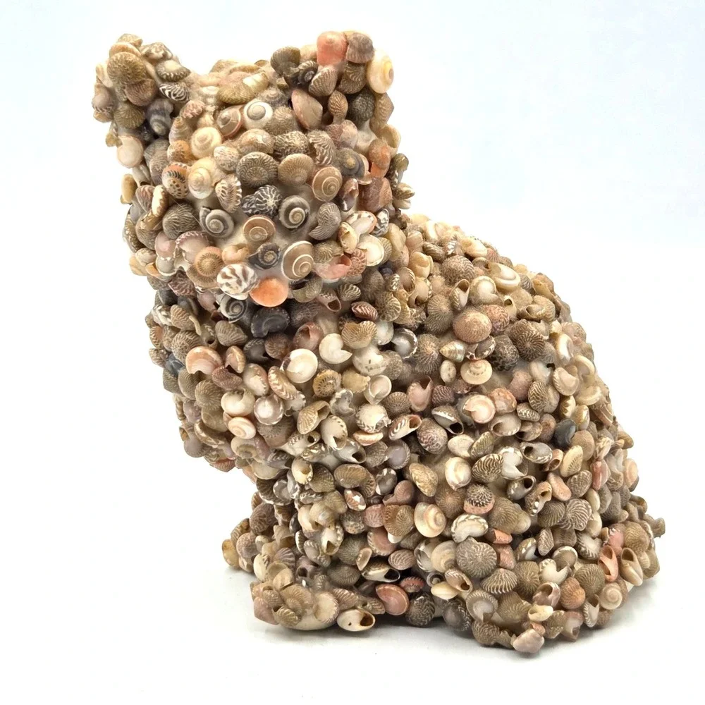 VINTAGE Coastal Folk Art Seashell Covered Cat MCM RETRO